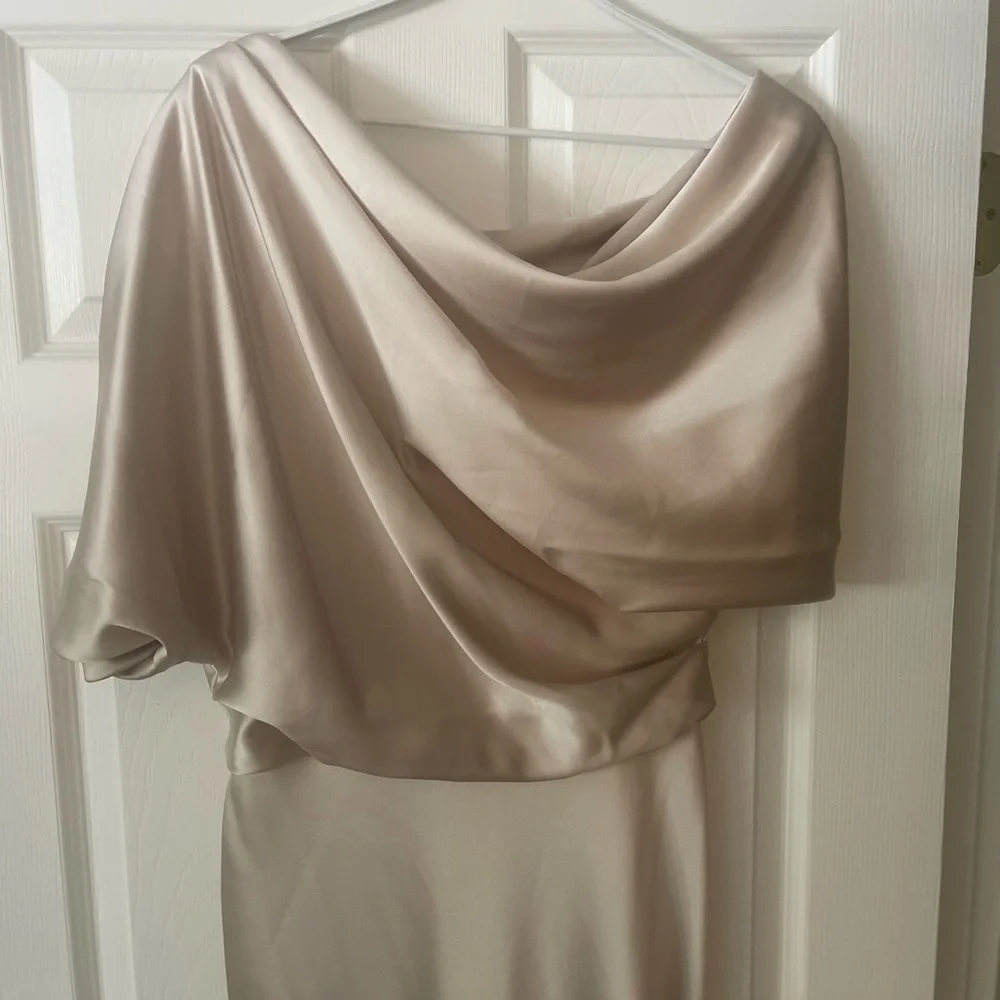 Amsale One Shoulder Satin Dress in champagne - Picture 2 of 13